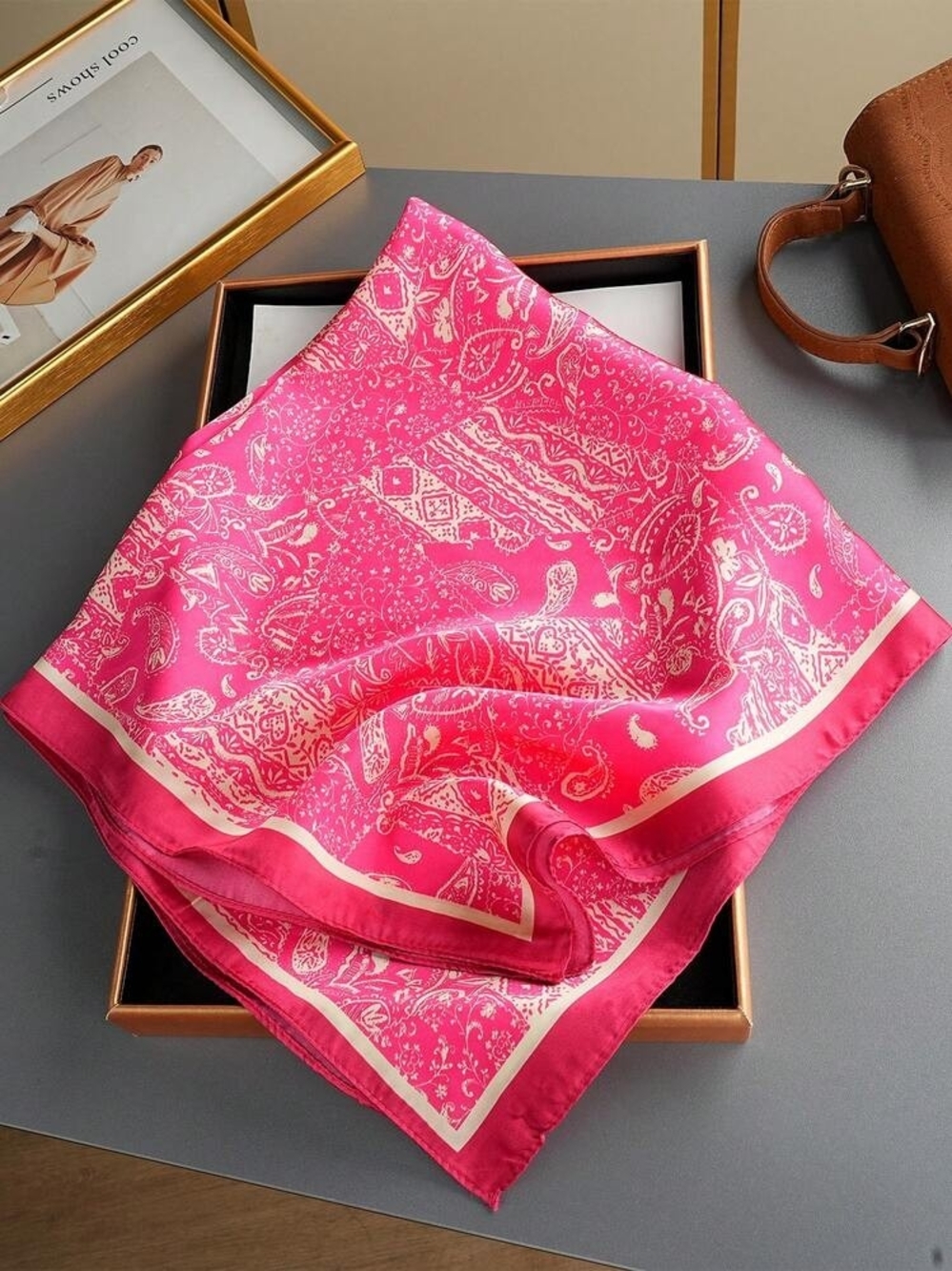 Silk-feel Pink Paisley Square Scarf  70*70cm